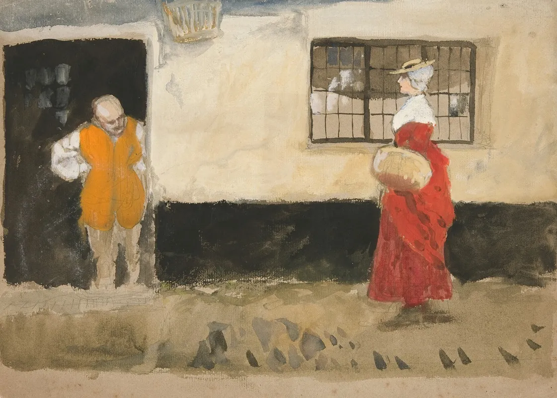 Study Of Street Scene Man At Door Woman In Red Dress