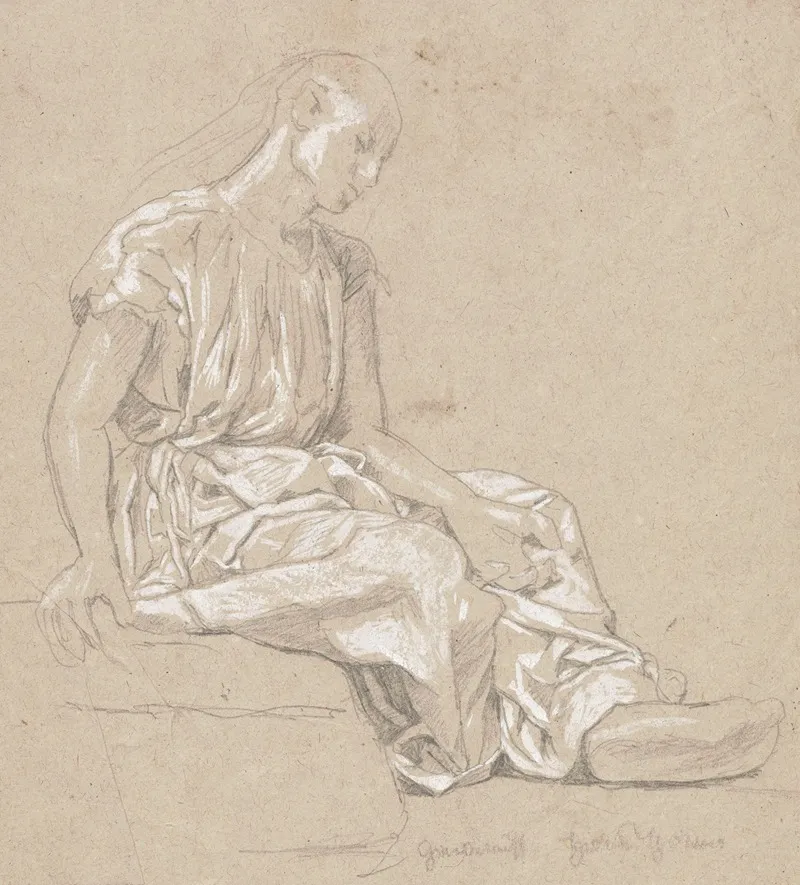 Study Of The Figure Of A Woman Sitting On A Stone Dressed In A Long Creased Dress Study Of A Costume