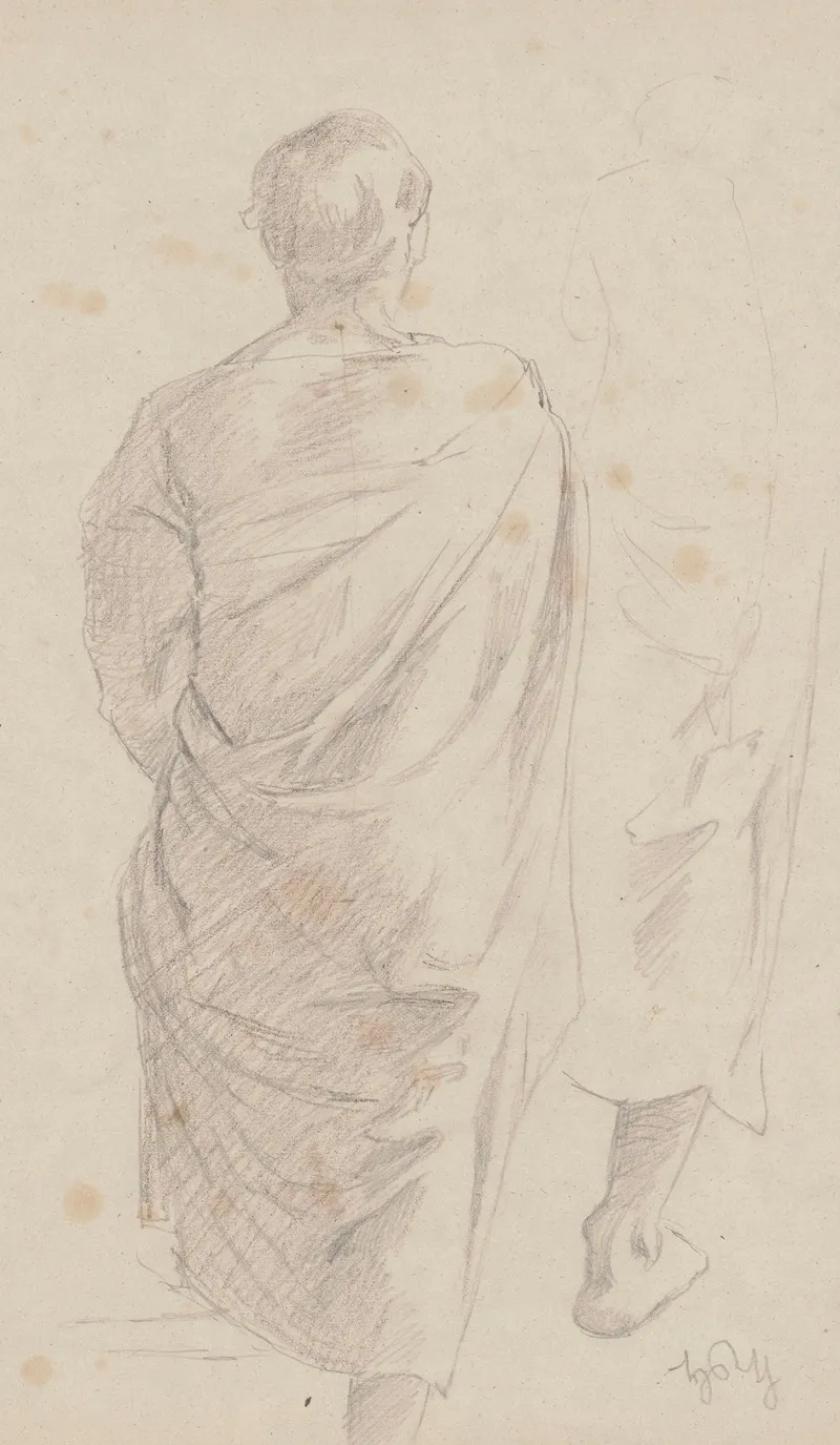 Study Of The Figure Of A Young Man In A Robe Draped On His Right Arm Depicted From The Back Sketch Of A Fragment Of Drapery And Right Leg Wall Art by Hans Thoma - High-Resolution Digital Print