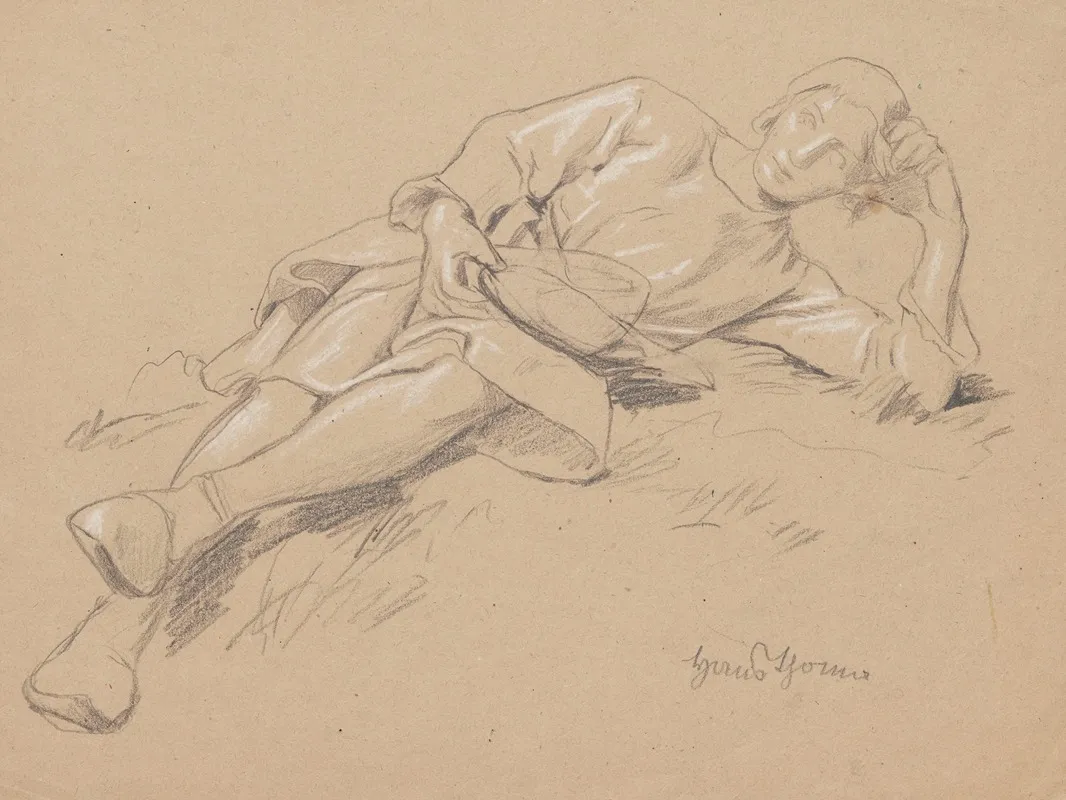 Study Of The Figure Of A Young Man In A Robe To His Knees Lying On His Left Side Resting His Head On His Left Hand Wall Art by Hans Thoma - High-Resolution Digital Print