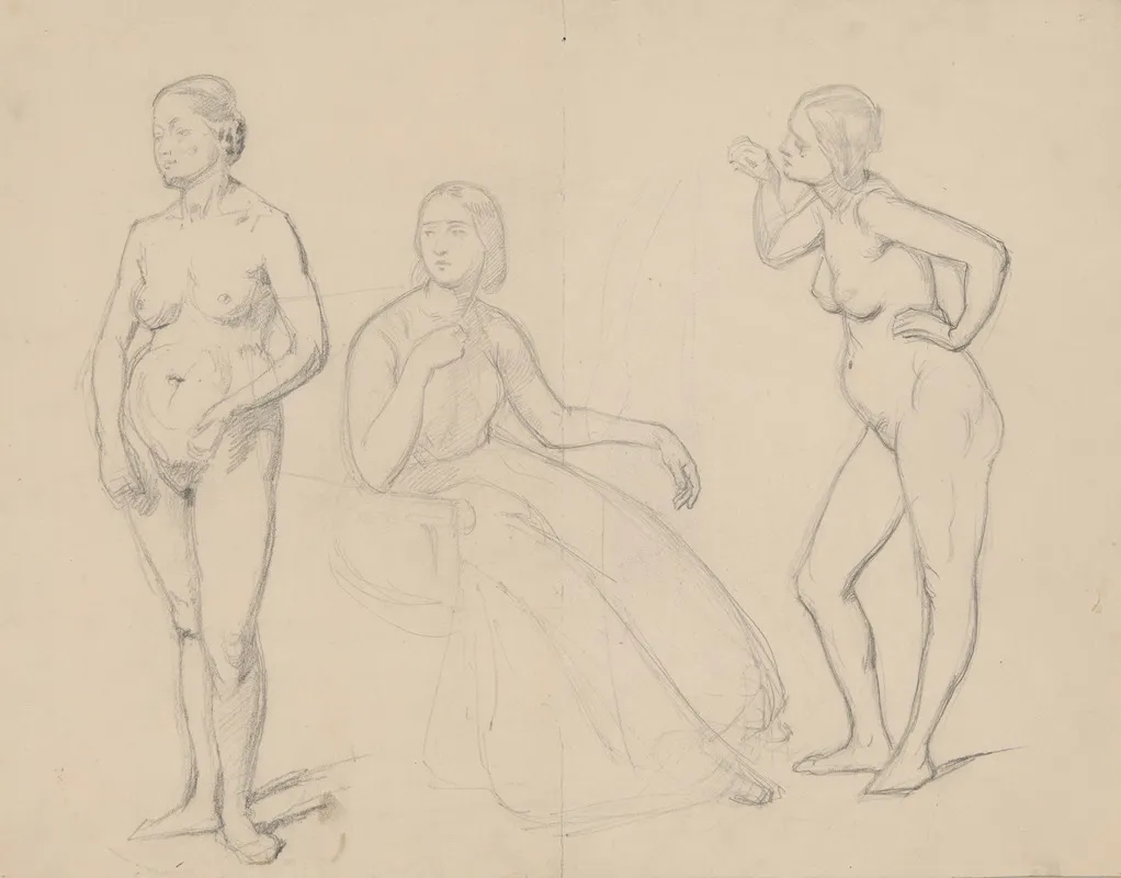 Study Of The Figure Of Queen Bona And Two Nude Studies Of Court Ladies For The Painting The Upbringing Of Sigismund Augustus Wall Art by Józef Simmler - High-Resolution Digital Print