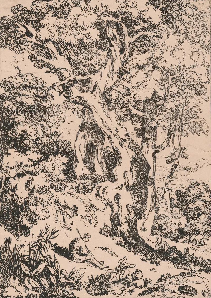 Study Of Trees And Scrubs With Seated Male Figure