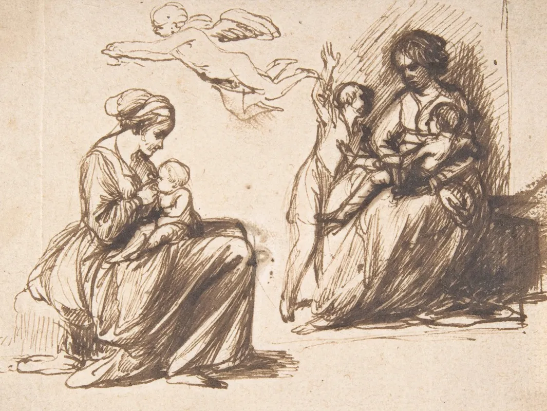 Study Sheet With Two Seated Children And An Angel