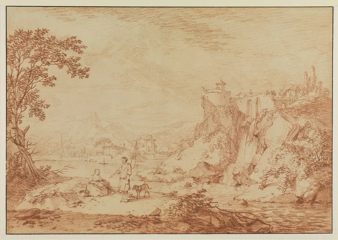 Sudliche Fluslandschaft Mit Rundtempel Wasserfall Und Zwei Figuren Wall Art by Jacques François Amand - High-Resolution Digital Print