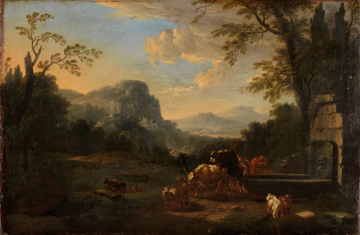 Sudliche Gebirgslandschaft Mit Hirt Und Herde Am Brunnen