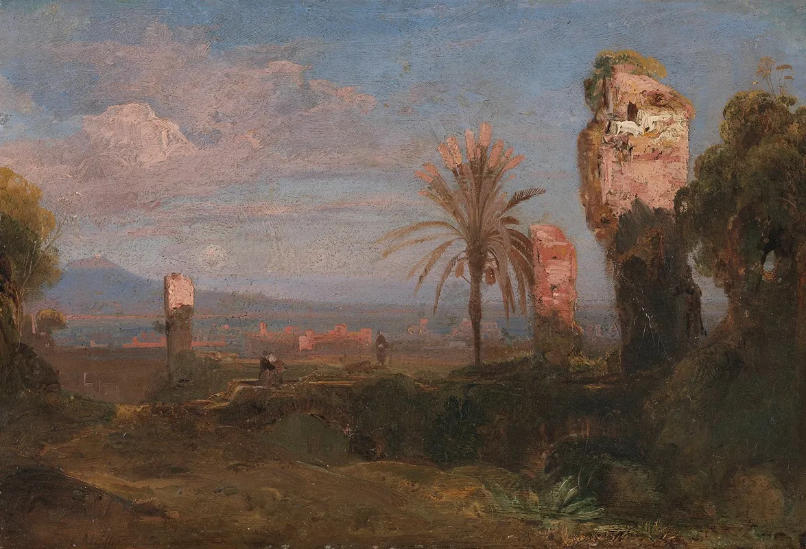 Sudliche Landschaft Mit Ruinen Und Palmen Wall Art by Friedrich August Elsasser - High-Resolution Digital Print