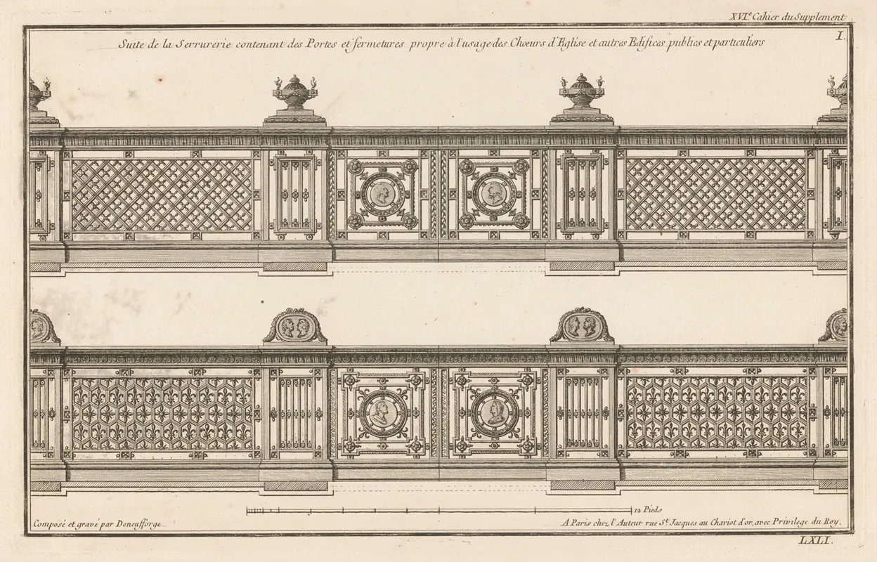 Suite De La Serrurerie Contenant Des Portes Et Fermetures Propre A Lusage Des Choeurs Deglise Et Autres Edifices Publics Et Particuliers Wall Art by Jean François de Neufforge - High-Resolution Digital Print