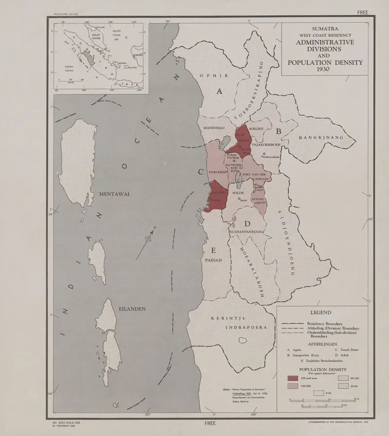 Sumatra West Coast Residency Administrative Divisions And Population Density 1930 Wall Art by Office of Strategic Services - High-Resolution Digital Print