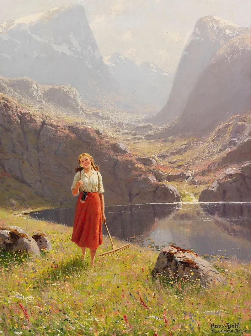 Summer By The Norwegian Fjord Girl Returning Home With A Rake And Box Wall Art by Hans Andreas Dahl - High-Resolution Digital Print