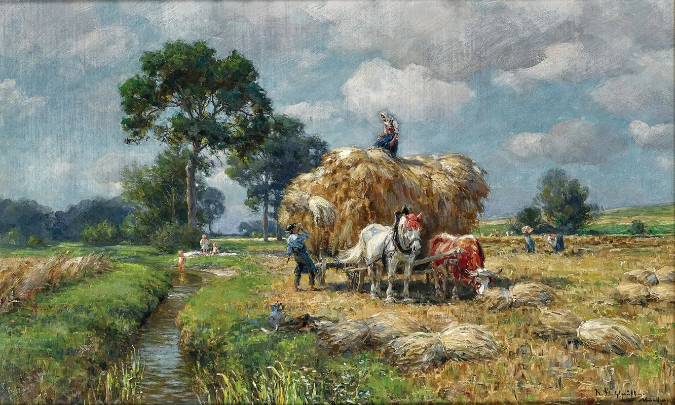 Summer Harvest In The Background Children At A Creek Wall Art by Karl Stuhlmüller - High-Resolution Digital Print