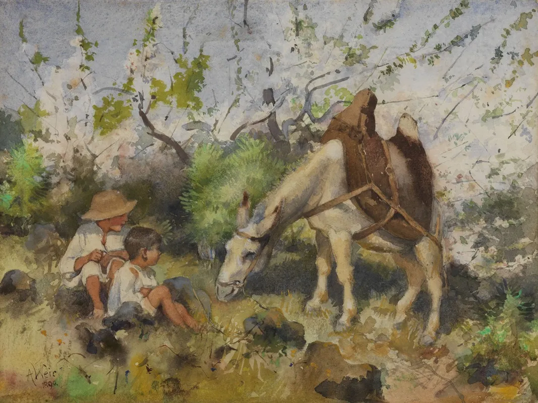 Summer Landscape With Children And Donkey Wall Art by Julan Alden Weir - High-Resolution Digital Print