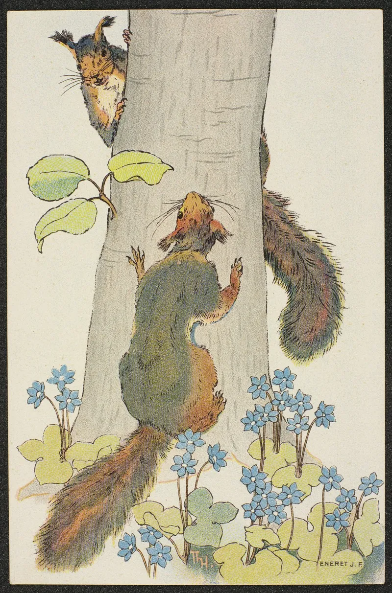 Summer Motif With Squirrels And Blue Flowers