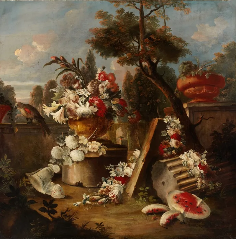 Sumptuous Floral And Fruit Still Life In An Extensive Landscape Wall Art by Francesco Lavagna - High-Resolution Digital Print
