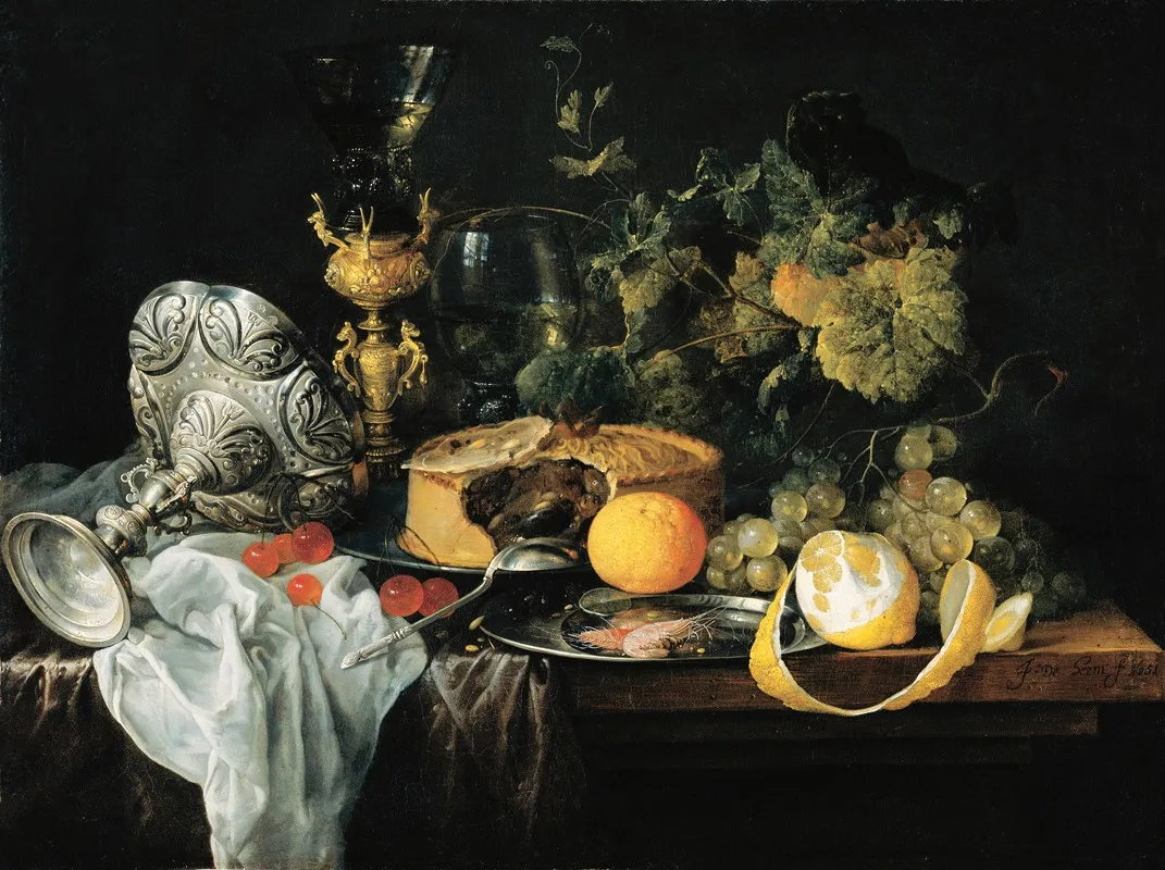 Sumptuous Still Life With Fruits Pie And Goblets Wall Art by Jan Davidsz de Heem - High-Resolution Digital Print