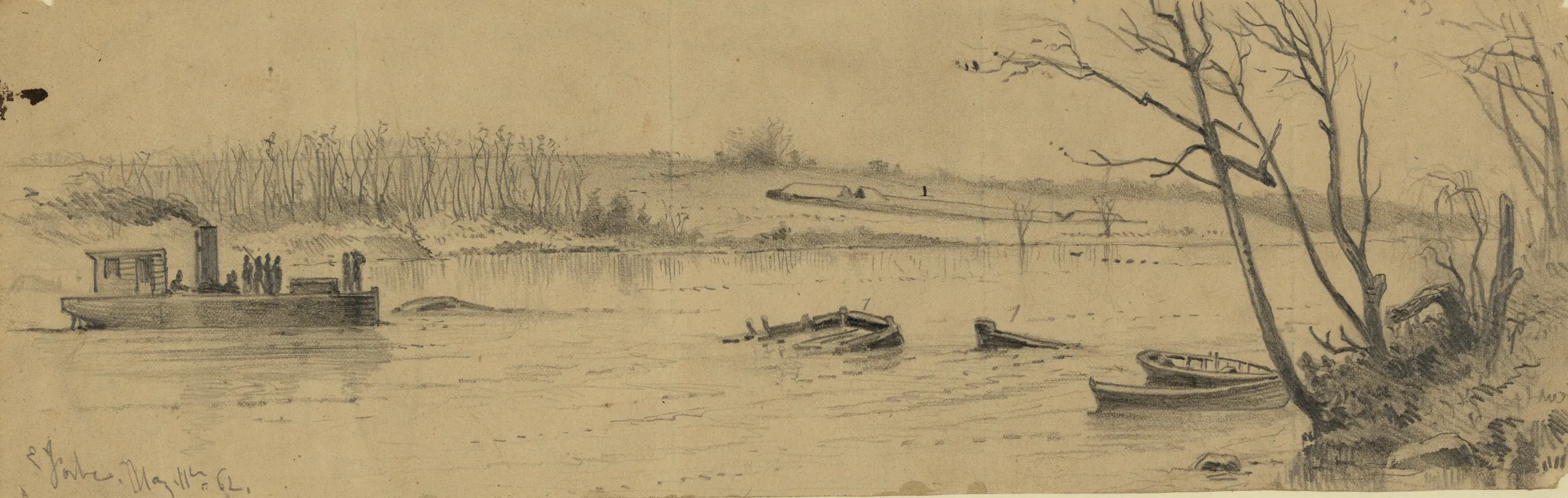 Sunken Vessels In The Rappahannock River Below Fredericksburg With Earthwork Commanding The Channel