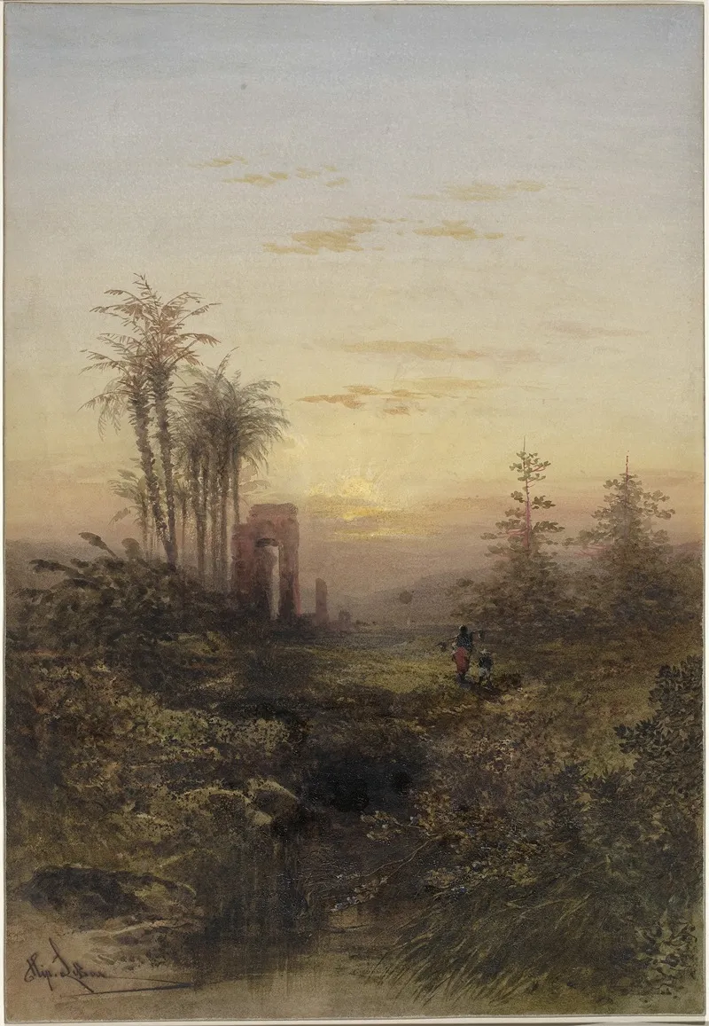 Sunset In An Oriental Landscape Wall Art by Gabriel Hippolyte Lebas - High-Resolution Digital Print