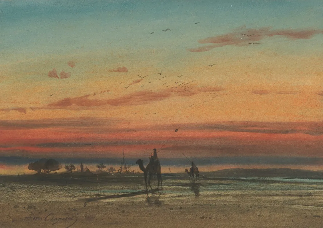 Sunset In Egypt With Two Bedouins On Camels Wall Art by Louis-Amable Crapelet - High-Resolution Digital Print