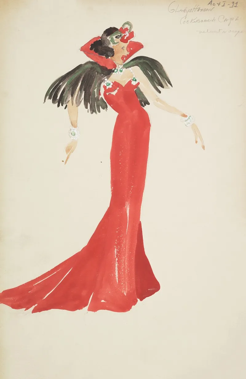 Swing It Gladys Hanson Red Gown With High Collar And Black Feathered Cape Wall Art by Maxine Borowsky - High-Resolution Digital Print