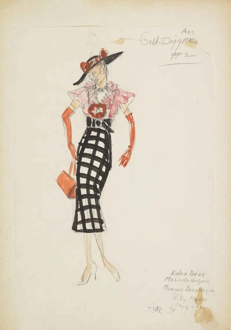 Swing It Gold Diggers Black White Skirt Pink Blouse Orange Gloves And Black Hat Wall Art by Maxine Borowsky - High-Resolution Digital Print