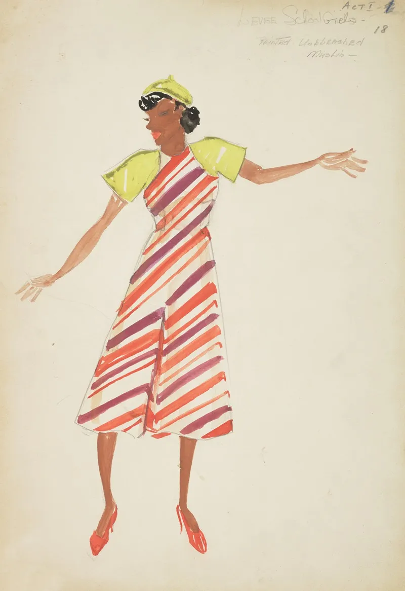 Swing It Levee School Girls Striped Orange And Purple Dress With Yellow Sleeves Wall Art by Maxine Borowsky - High-Resolution Digital Print