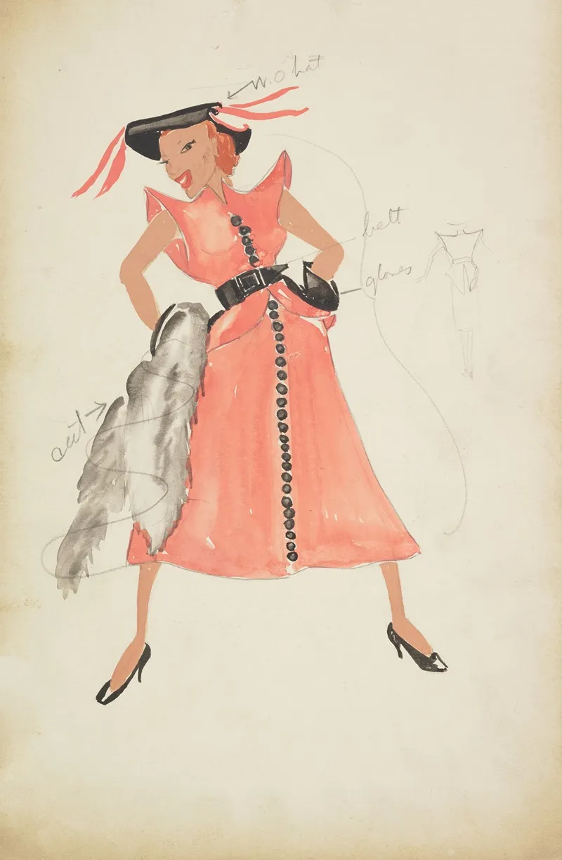 Swing It Memphis Mame Pink Dress With Black Buttons And Black Belt Wall Art by Alex Jones - High-Resolution Digital Print