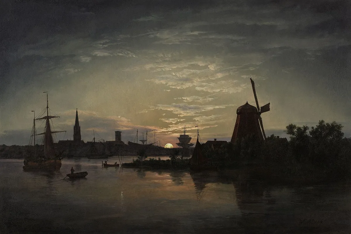 Swinoujscie In The Moonlight Wall Art by Johan Christian Dahl - High-Resolution Digital Print