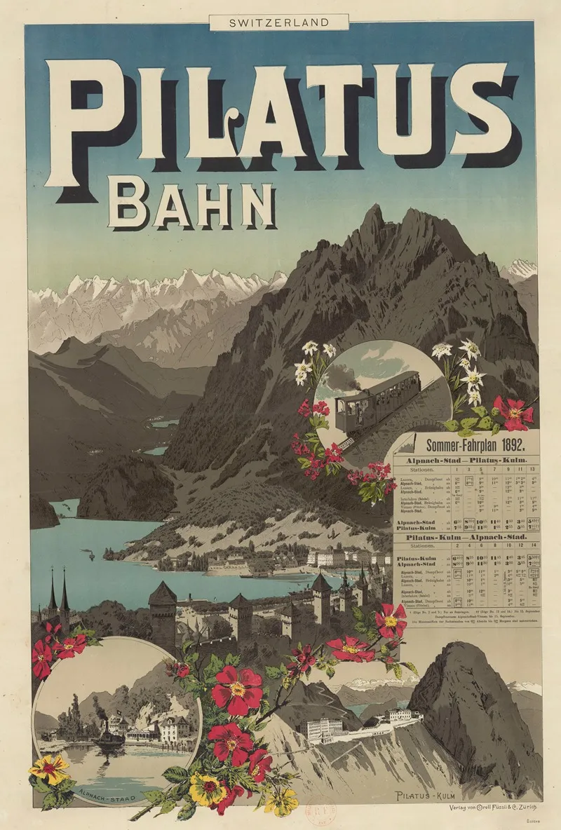 Switzerland Pilatus Bahn Sommer Fahrplan 1892 Alpnach Stad Pilatus Kulm Wall Art by Verlag von Orell Füssli - High-Resolution Digital Print