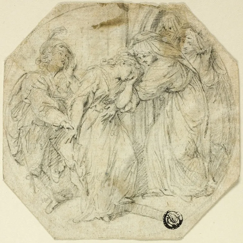 Swooning Woman At The Door Of A Nunnery Supported By Nun And Young Man Wall Art by Benedetto Pastorini - High-Resolution Digital Print