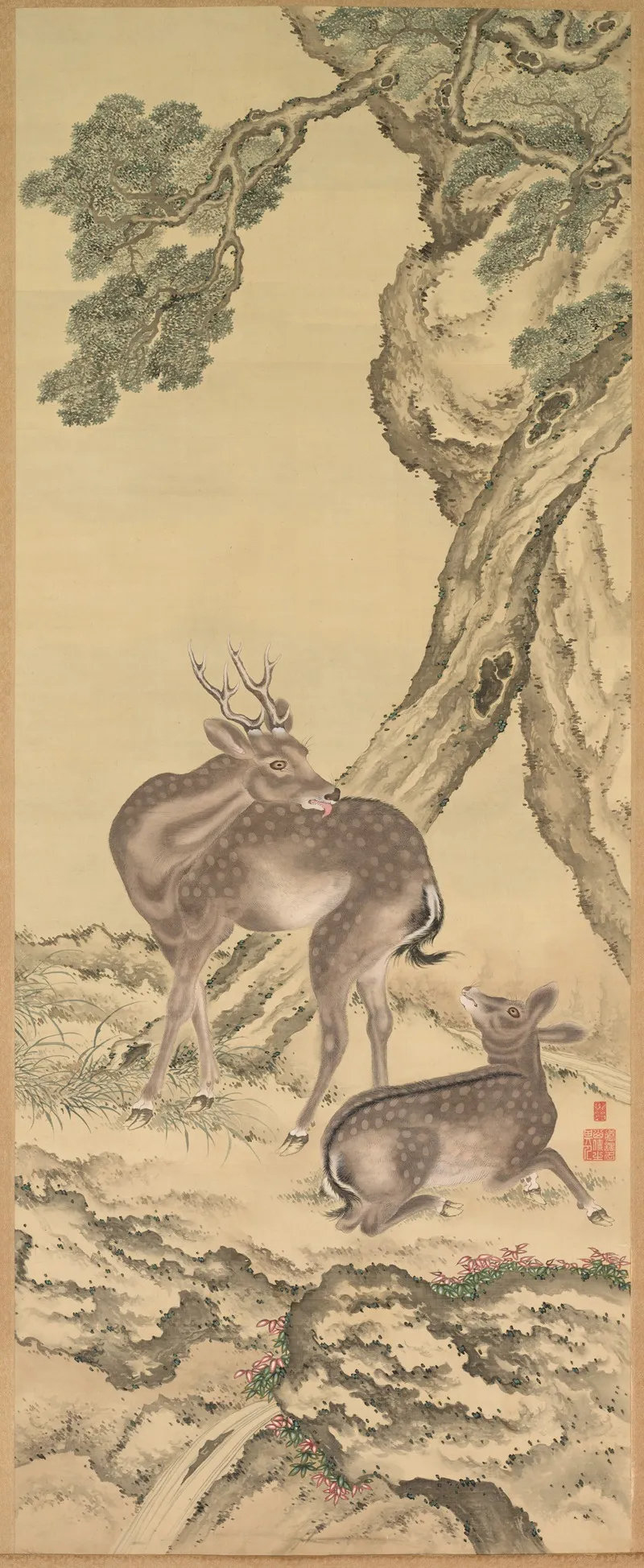 Symbols Of Longevity Deer Under Peach And Pine Peach Wall Art by Toda Tadanaka - High-Resolution Digital Print