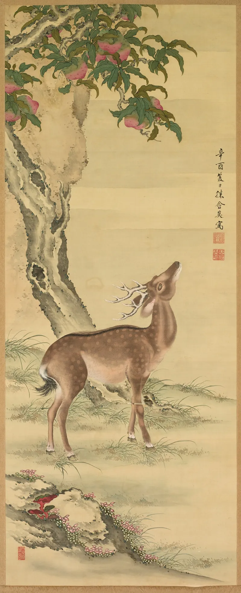 Symbols Of Longevity Deer Under Peach And Pine Pine Wall Art by Toda Tadanaka - High-Resolution Digital Print