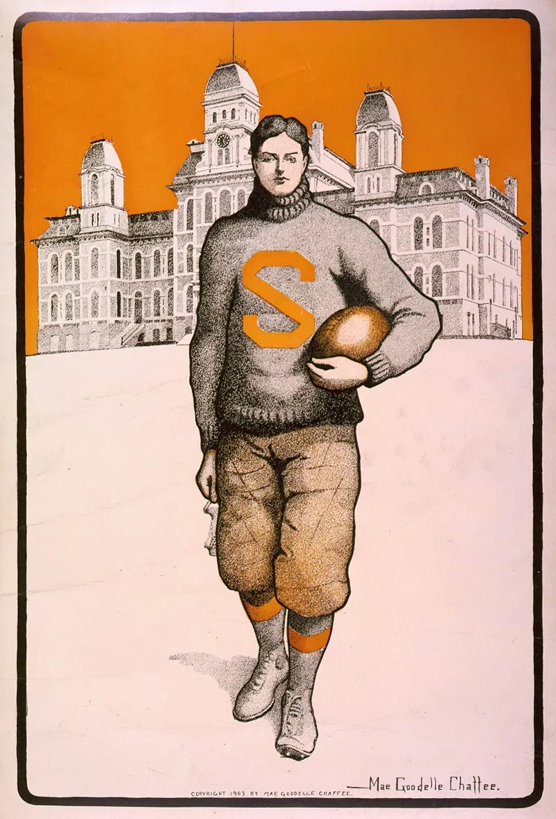 Syracuse Football Player Full Length Standing Facing Front With Syracuse University Behind Him Wall Art by Mae Goodelle Chaffee - High-Resolution Digital Print