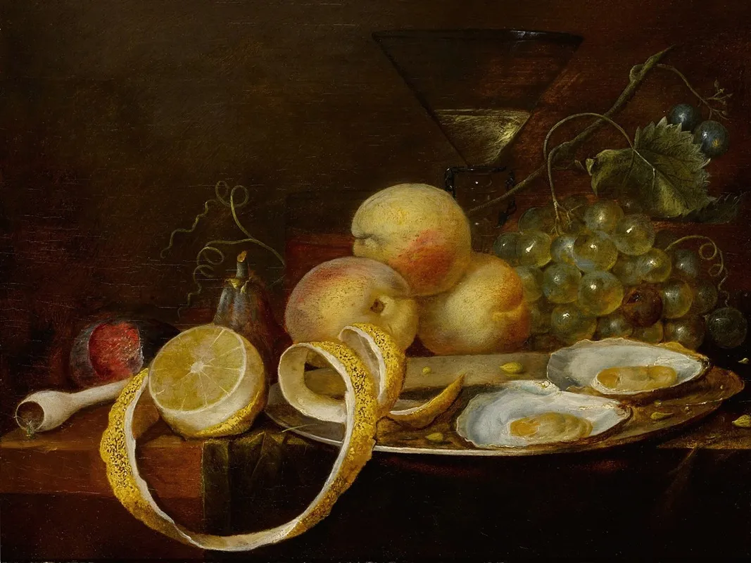Tabletop Still Life Including Two Oysters On A Pewter Dish A Wine Glass A Partially Peeled Lemon And An Assortment Of Fruit Wall Art by Joris van Son - High-Resolution Digital Print
