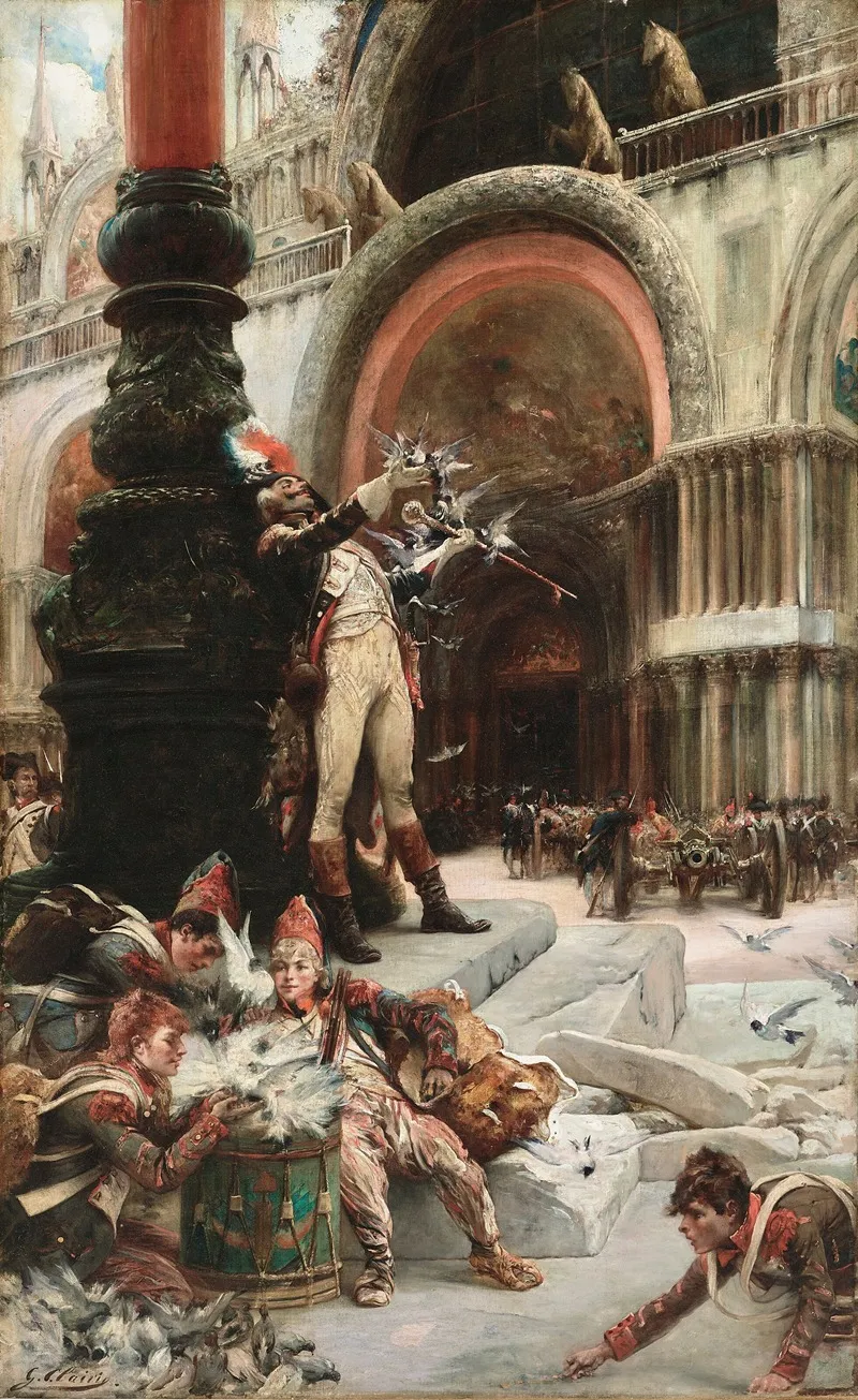 Tambour Major De Larmee Francaise Donnant A Manger Aux Pigeons De La Place Saint Marc A Venise