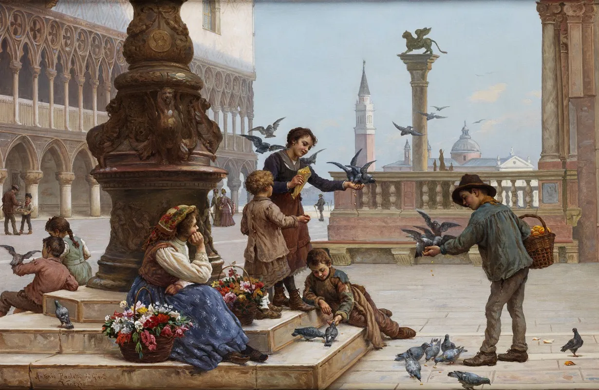 Tauben Futternde Kinder In Venedig Wall Art by Antonio Ermolao Paoletti - High-Resolution Digital Print