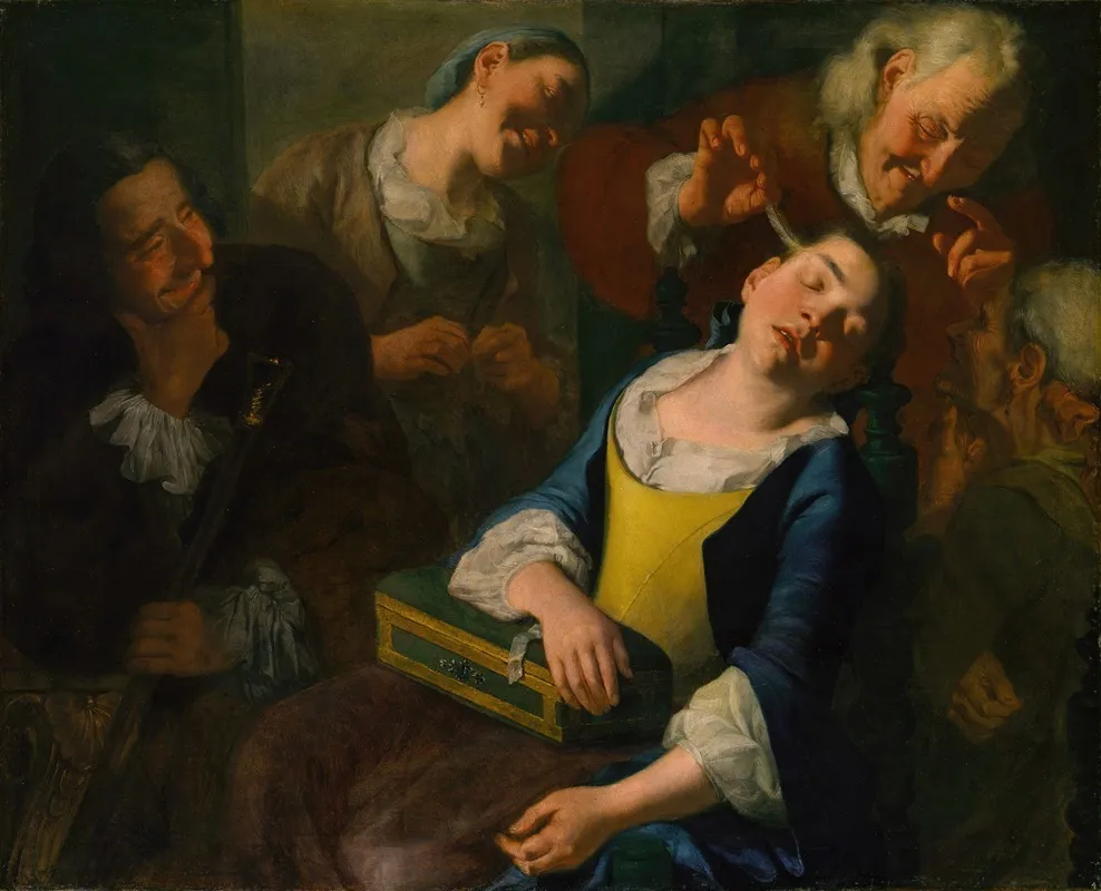 Teasing A Sleeping Girl Wall Art by Gaspare Traversi - High-Resolution Digital Print
