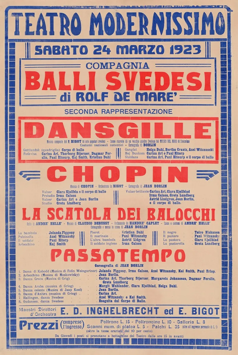 Teatro Modernissimo Bologna Sabbato 24 Marzo 1923 Compagnia Balli Svedesi Di Rolf De Mare Seconda Rappresentazione Dansgille Chopin