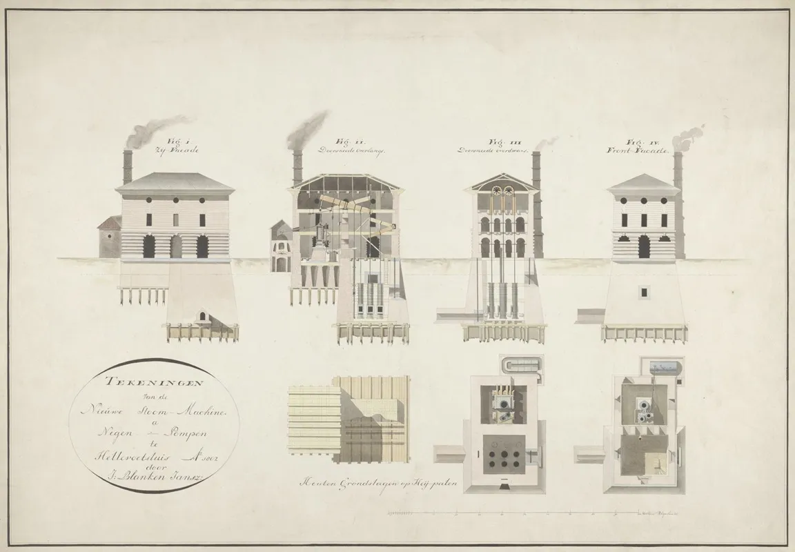 Tekeningen Van De Nieuwe Stoommachine A Negen Pompen Te Hellevoetsluis Wall Art by Jan Blanken Jansz. - High-Resolution Digital Print