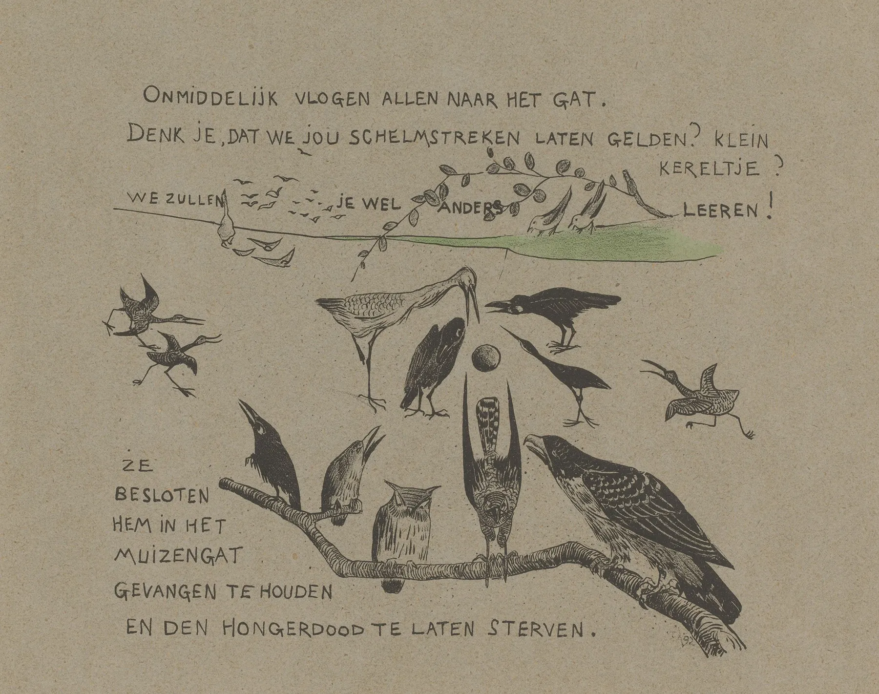 Tekstblad Met Diverse Vogelsoorten Bij Het Muizenhol Waarin De Winterkoning Verdween