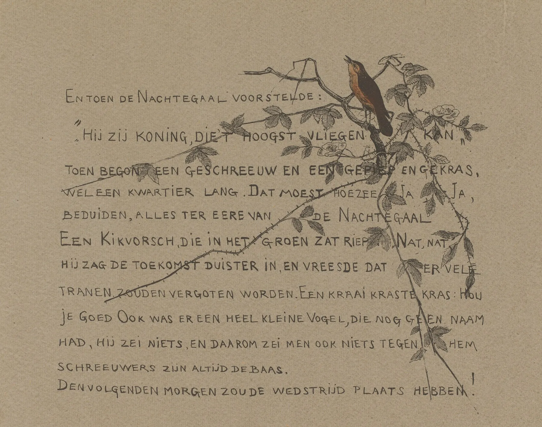 Tekstblad Met Nachtegaal Op Een Tak