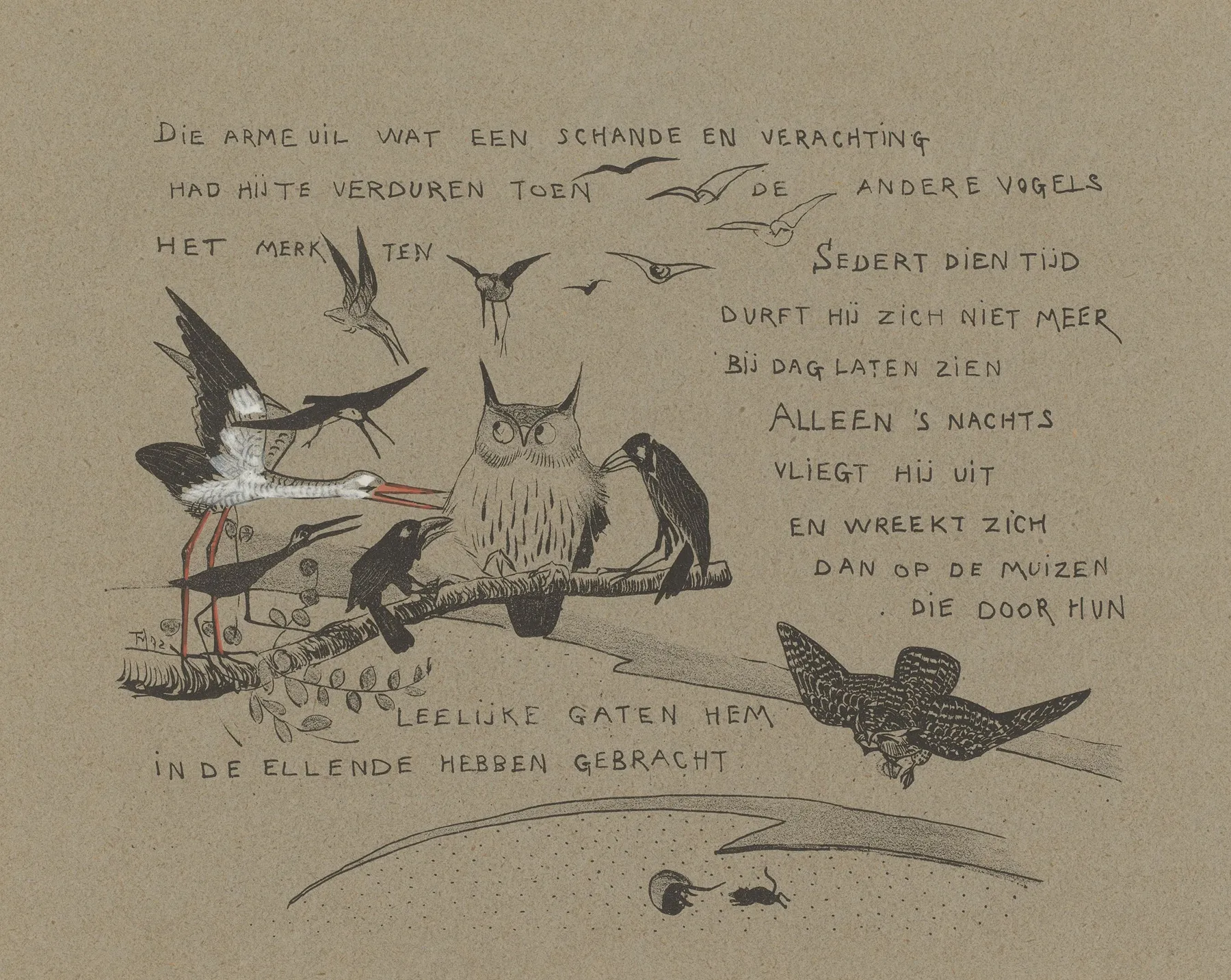 Tekstblad Met Vogels Die De Uil Terechtwijzen