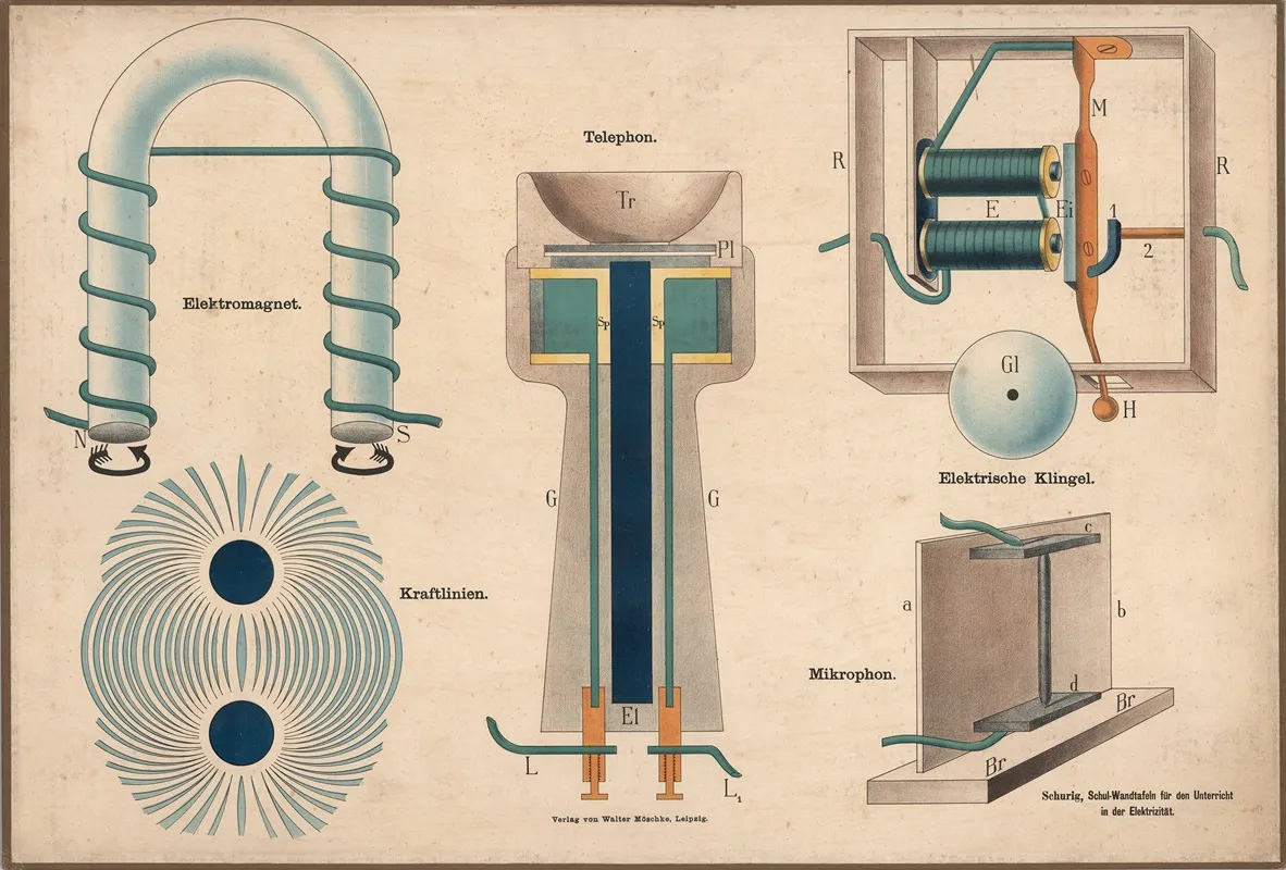 Telephone Electromagnet Lines Of Force Microphone Electric Bell Wall Art by Walter Möschke - High-Resolution Digital Print