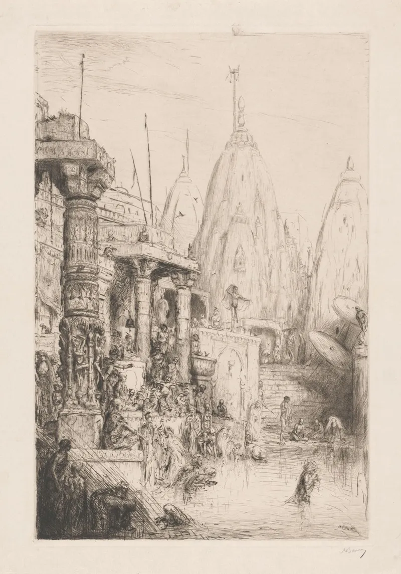 Tempel Met Figuren Aan De Ganges