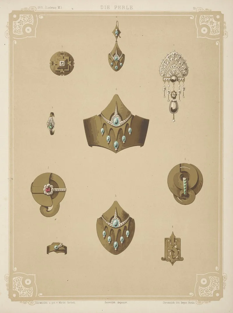 Ten Designs For Jewelry Including Gold Pointed Bracelet With Green Stones