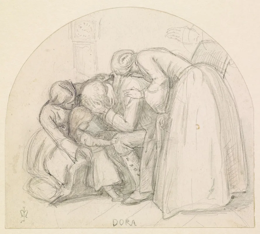 Tennysons Dora Study Of Mary Child And Dora Comforting Their Father Wall Art by Sir John Everett Millais - High-Resolution Digital Print