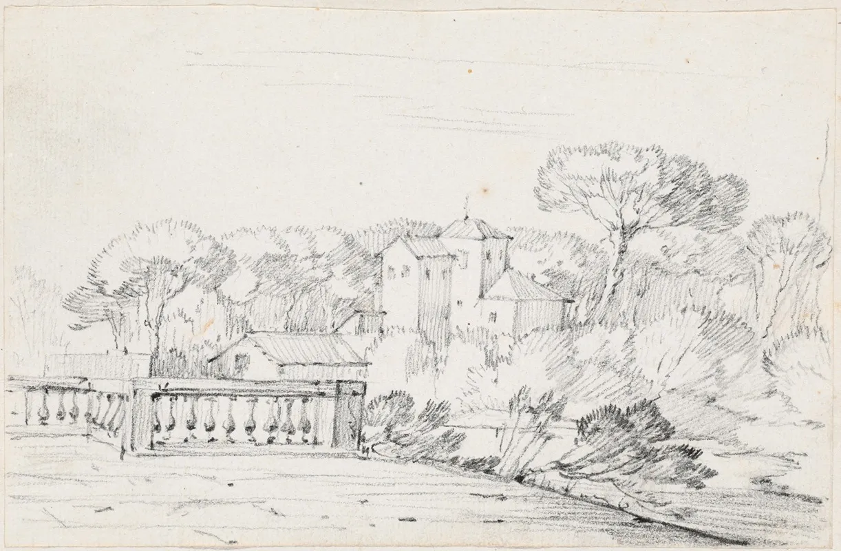 Terrace By A River With A Villa And Trees Beyond