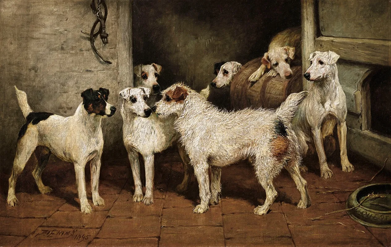 Terriers At A Stable Door A Distant Relative Wall Art by John Emms - High-Resolution Digital Print