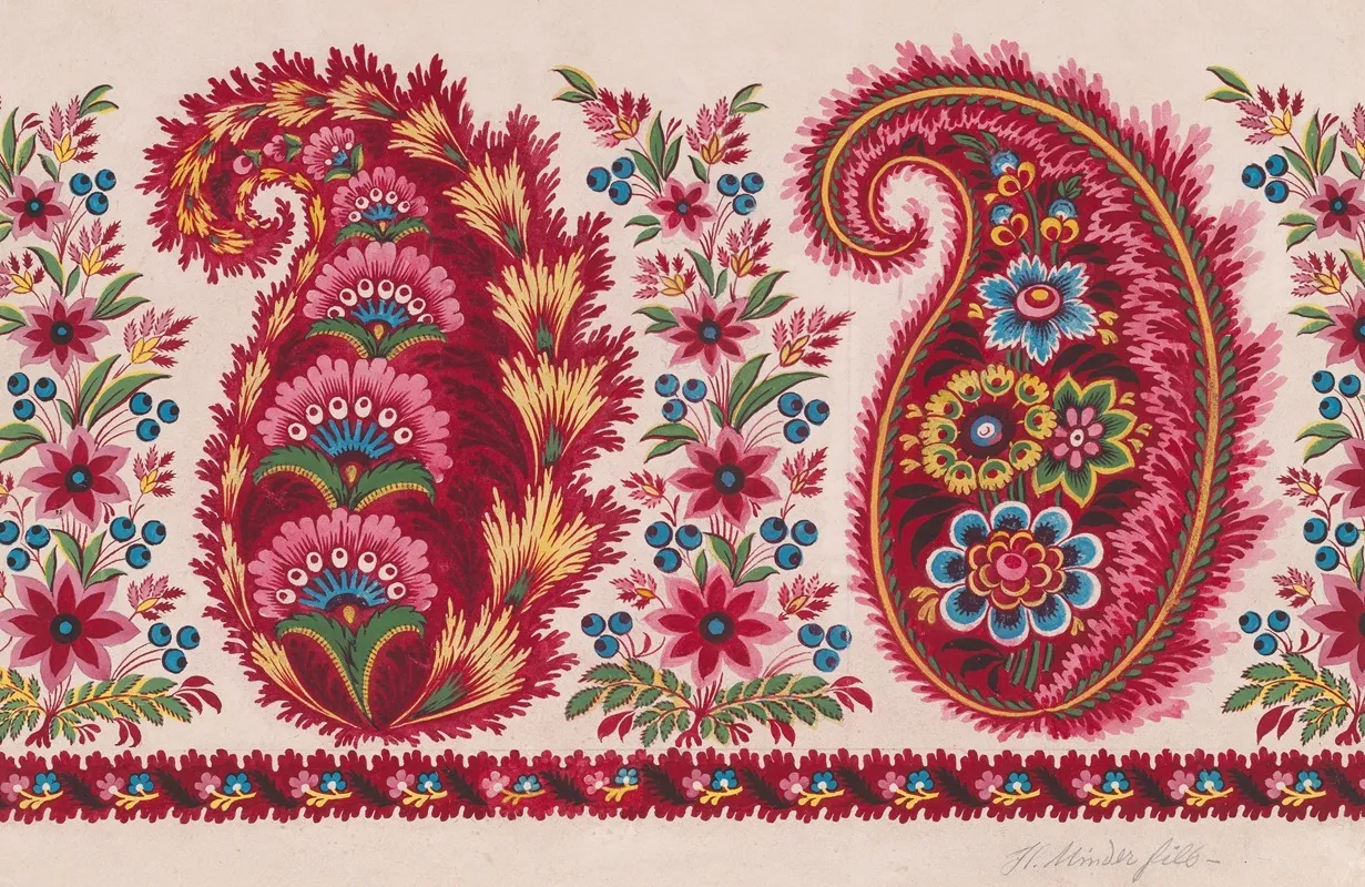 Textile Design With Paisley Motifs And Garlands Of Berry Sprays And Stylized Flowers