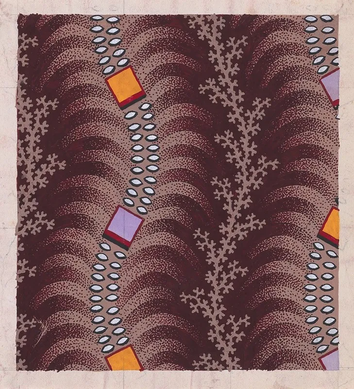 Textile Design With Undulating Vertical Strips Of Squares Joined By Lens Shaped Pearls Over Undulating Stylized Palm Leaves Separated By Vertical Garlands Of Branches