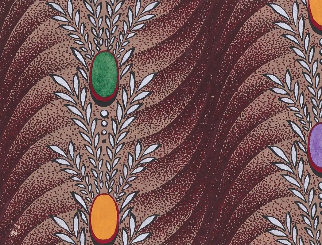 Textile Design With Vertical Garlands Of Stylized Leaves Pearls And Ovals Over A Background Of Overlapping Scales