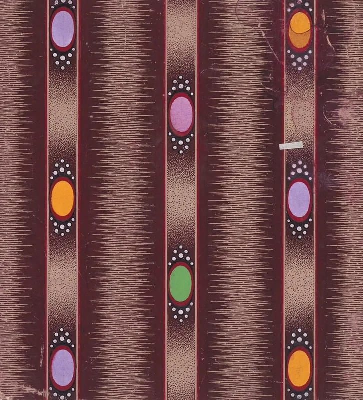 Textile Design With Vertical Stripes Of Ribbon Decorated With Ovals Flanked By Pearls Over A Glitched Background